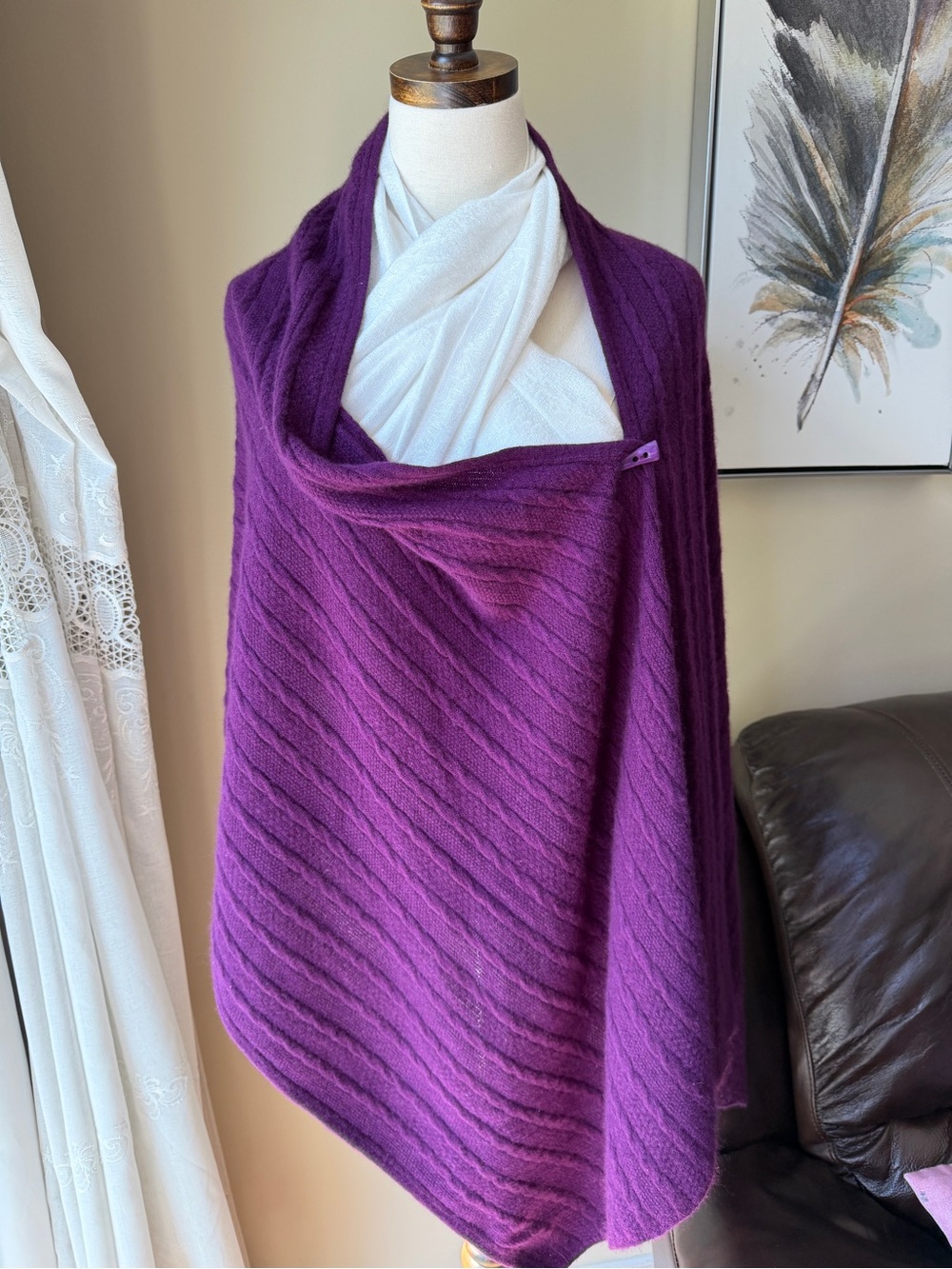 Lightweight cashmere Purple Ribbed Knit Poncho/scarf
